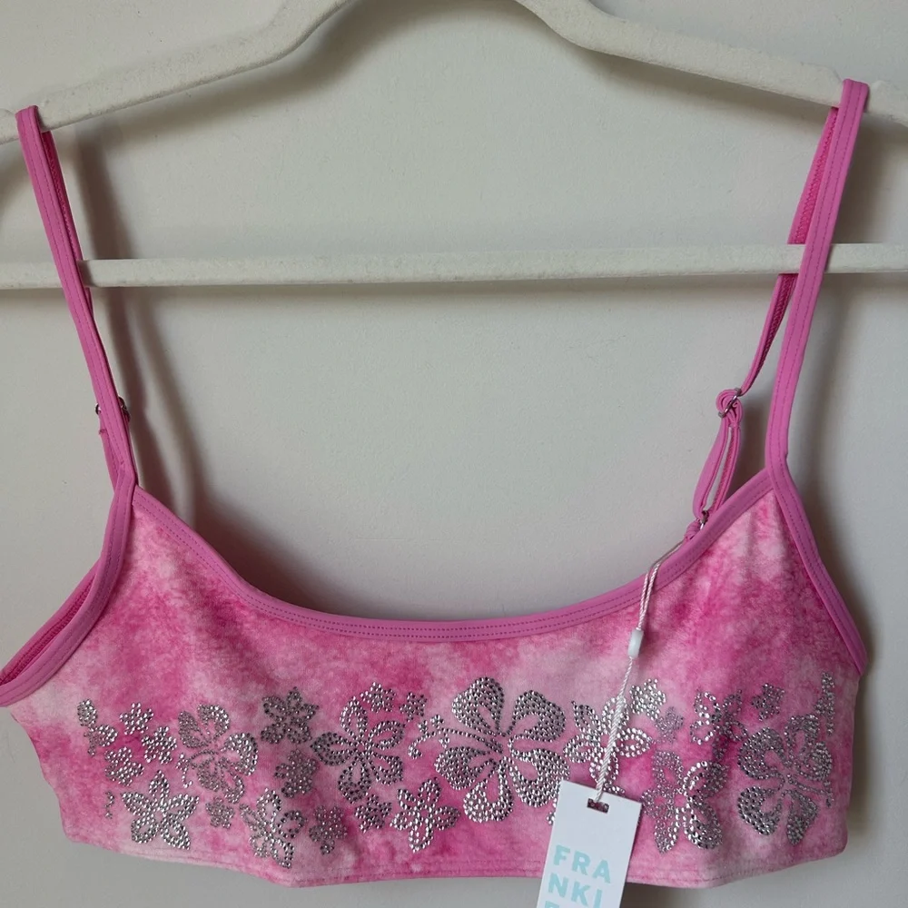 Frankie's Bikinis Hibiscus Pink Rhinestone Y2K vibe Bikini Top